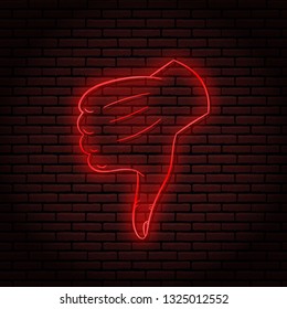 Neon sign with a red glow. dislike. Hand gesture, shows thumb down. On a brick wall background, for your design.