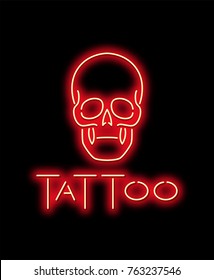 Neon sign. Red neon sign of the skull with the inscription tattoo. Vector illustration.