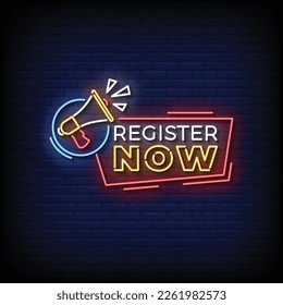 Neon Sign register now with brick wall background vector