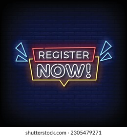 Neon Sign register now with brick wall background vector