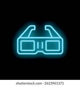 Neon sign representing 3d glasses glowing on black background