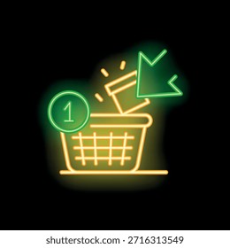 Neon-Zeichen, das das Hinzufügen eines Artikels zu einem Warenkorb mit einem Schalter, Konzept des Online-Shopping und E-Commerce darstellt