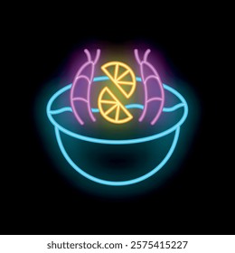 Neon sign representing a bowl with shrimps and lemon slices, perfect illustration for a seafood restaurant