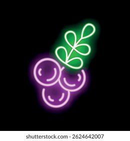 Neon sign representing a branch of juicy redcurrant glowing on a black background