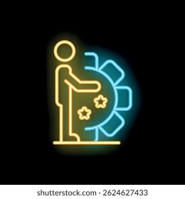Neon sign representing a businessman holding a gear wheel with three stars inside, symbolizing success and business growth