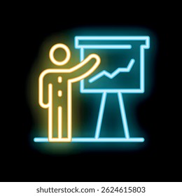 Neon sign representing a businessman pointing at a growing chart on a flipchart