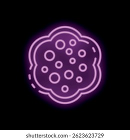 Neon sign representing a chocolate chip cookie with uneven edges, glowing pink on a black background