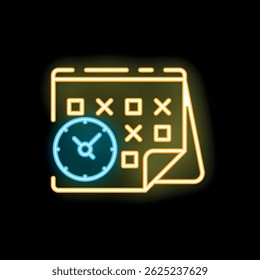 Neonzeichen, das eine Uhr darstellt, die die Zeit auf einer Kalenderseite anzeigt, ein großartiges Bild für das Zeitmanagement