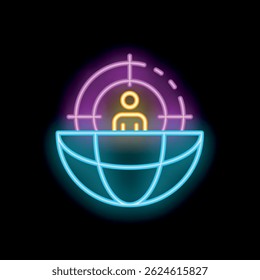 Neon sign representing the concept of global headhunting with a target aiming at a person inside planet earth