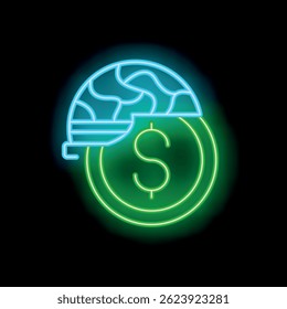 Neon sign representing the concept of military budget with a soldier helmet on top of a coin with a dollar sign
