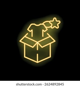 Neon sign representing the concept of online shopping with an open box and a clothing item coming out of it