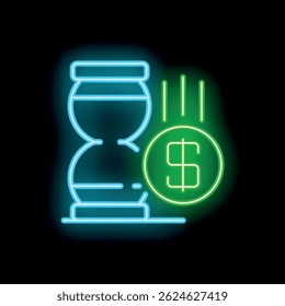 Neon sign representing the concept of time converting to money with an hourglass and a dollar symbol