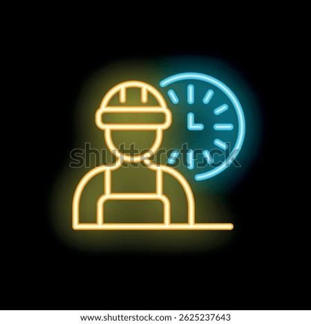 Neon sign representing a construction worker wearing a hard hat with a clock, symbolizing working hours or labor time