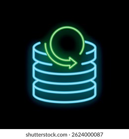 Neon sign representing data backup, with glowing blue disks and a green refresh arrow, perfect for illustrating concepts like cloud storage and information processing