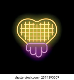 Neon sign representing a delicious heart shaped waffle with dripping chocolate on black background