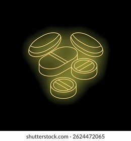 Neon sign representing different kind of medicine drugs, glowing yellow on black background
