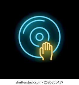 Neon sign representing a dj's hand manipulating a vinyl record on a turntable, symbolizing music, nightlife, and entertainment