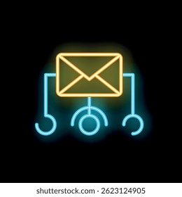 Sinal de néon representando um envelope conectado a três círculos, simbolizando o marketing por e-mail e seu alcance