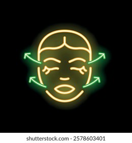 Neon sign representing face lifting with arrows showing skin tightening effect