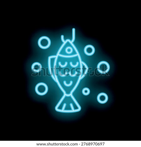 Neon sign representing a fish caught on a hook, perfect for illustrating concepts of fishing or seafood restaurants