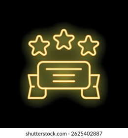 Neon sign representing five stars positive feedback with banner on black background