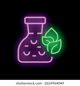 Signo de neón que representa un frasco que contiene medicina herbaria con hojas verdes, ideal para temas como medicina natural y naturopatía