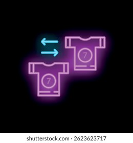 Neon sign representing a football player transfer with two jerseys and arrows symbolizing the change of team