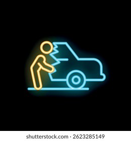 Neon-Schild, das einen frustrierten Fahrer darstellt, der sein kaputtes Auto schiebt, großartige Illustration für Auto-Problemkonzepte