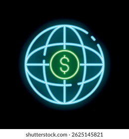Neon sign representing global economy with dollar currency symbol inside earth globe