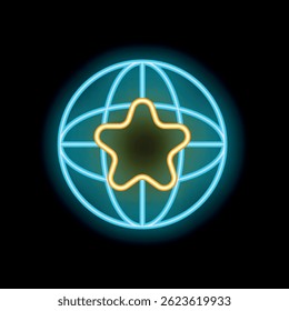 Neon sign representing global success with a glowing star, symbolizing achievement and recognition on an international scale