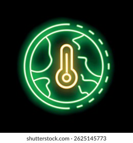 Neon sign representing global warming with a thermometer measuring earth's temperature