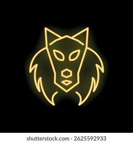 Neon sign representing the head of a wolf, looking forward, with glowing yellow neon on a black background