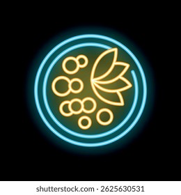 Neon sign representing a healthy vegan meal with fruits and vegetables, ideal for restaurant or food related businesses