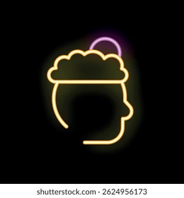 Neon sign representing a human head with a thought bubble above on a black background