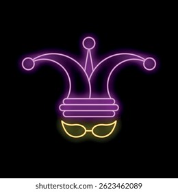 Neon sign representing a jester hat with glasses on black background