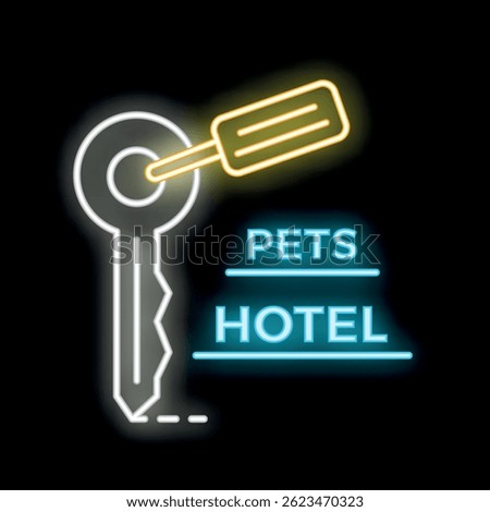 Neon sign representing a key and a label, indicating a hotel allowing pets