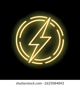 Neon sign representing a lightning bolt glowing inside a circle, representing energy, power and electricity