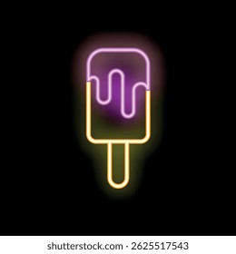 Neon sign representing a melting ice cream with its chocolate topping partially melted, on black background