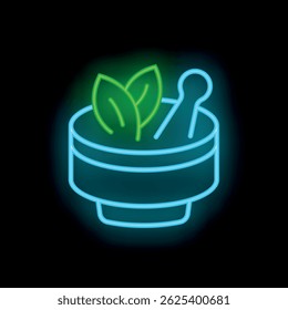 Neon sign representing a mortar with a pestle crushing herbs, perfect for a pharmacy or a natural medicine store