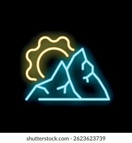 Neon sign representing mountains with sun shining above on black background
