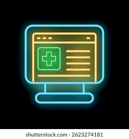 Neon sign representing an online medical platform, with a green cross and medical information
