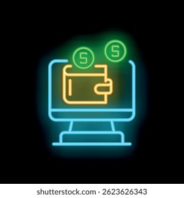 Neon sign representing online payment processing with wallet and coins on computer screen over black background