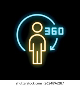 Neon sign representing a person surrounded by a 360 degrees arrow, symbolizing a full view perspective