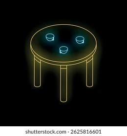 Neon sign representing a round table with three cups of coffee on it, ideal for cafes, bars, and restaurants