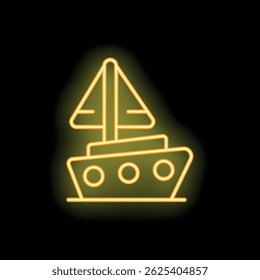 Neon sign representing a sailboat with portholes shining on a wall in the dark