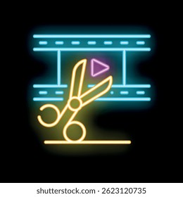 Letrero de neón que representa tijeras cortando una tira de película con un Botón Video de juego, perfecto para ilustrar conceptos de edición