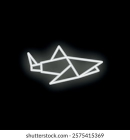 Neon sign representing a shark in origami style, glowing white against a black background