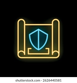 Signo de neón que representa un escudo que protege un documento legal, un concepto de seguro o protección legal
