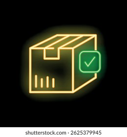 Neon sign representing a shipping cardboard box with a green checkmark, indicating successful delivery or completion