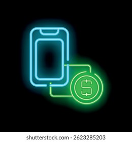 Neon sign representing a smartphone connected to a dollar coin, concept of online payment or donation